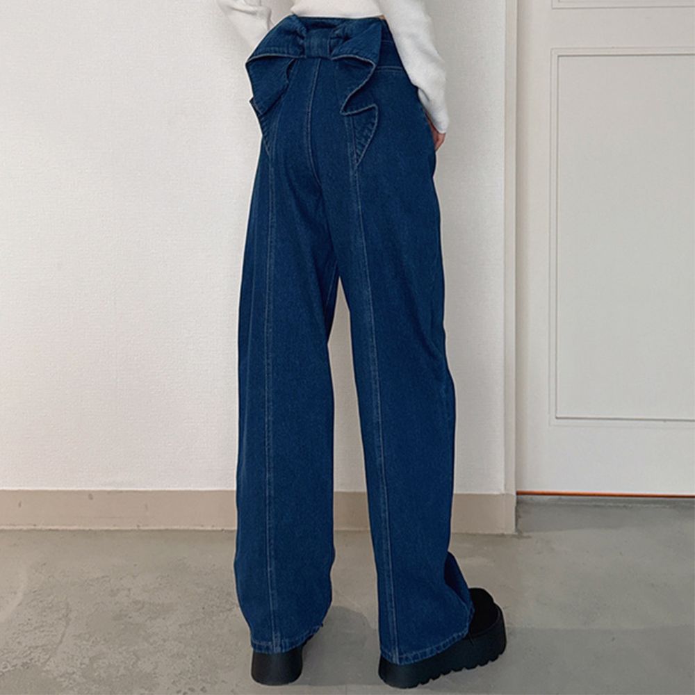 後腰俏皮蝴蝶結丹寧褲-藍