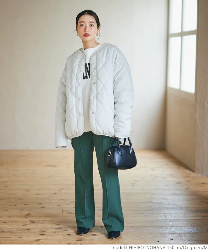 日本 COCA - 裏起毛摺線美腿微喇叭褲-黑