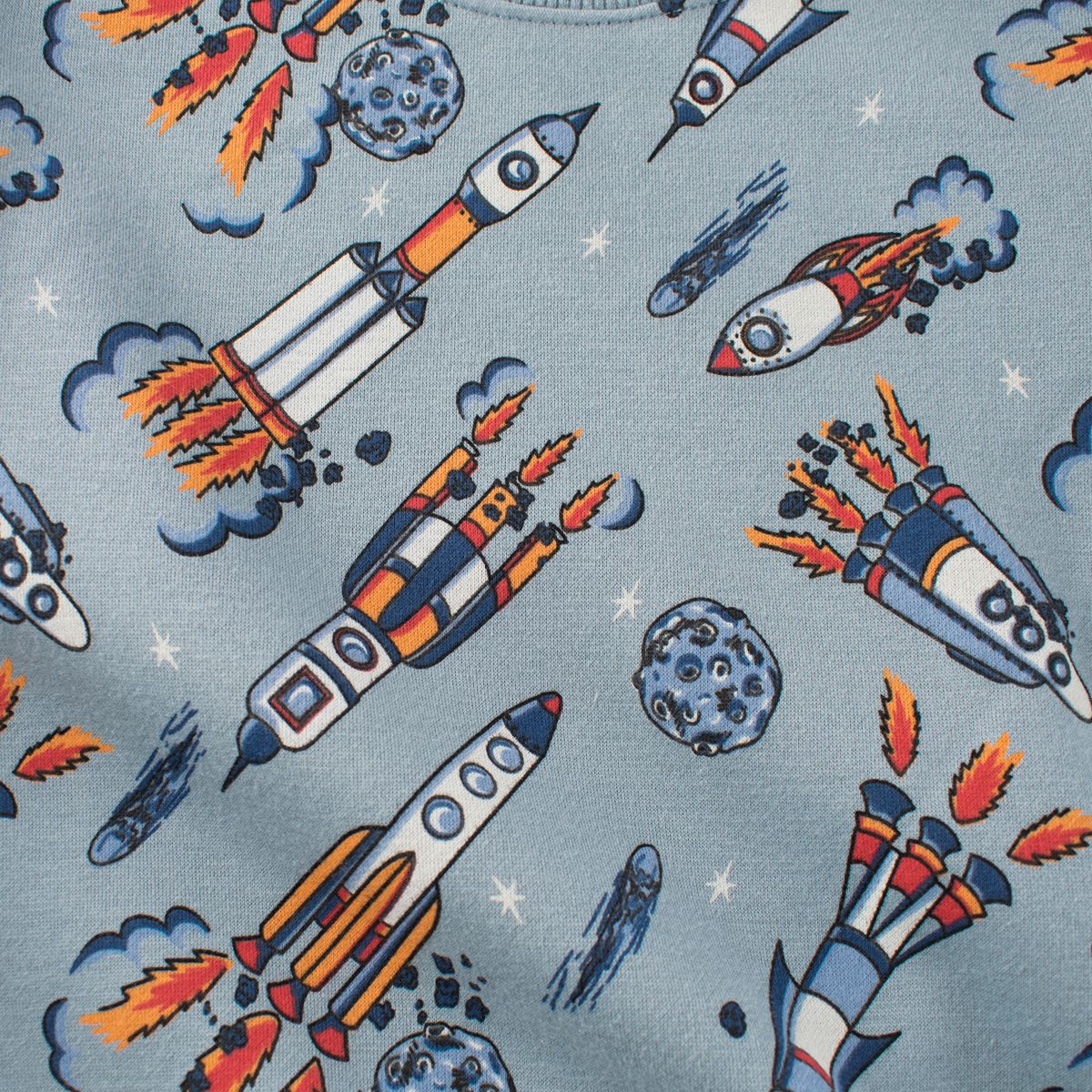 加絨棉質圓領長袖上衣/大學T-飛天火箭-藍灰色