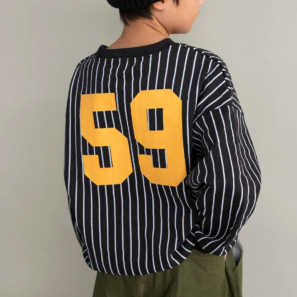 裏起毛 舒適縮口長袖上衣-數字59-黑X白