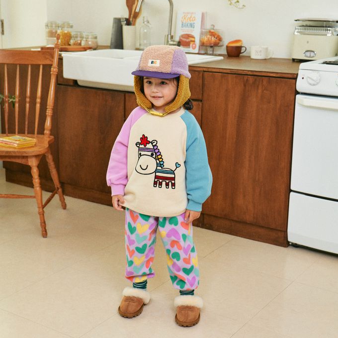 韓國 First Blue - (內磨毛)可愛裝飾恐龍上衣-湖綠X灰紫