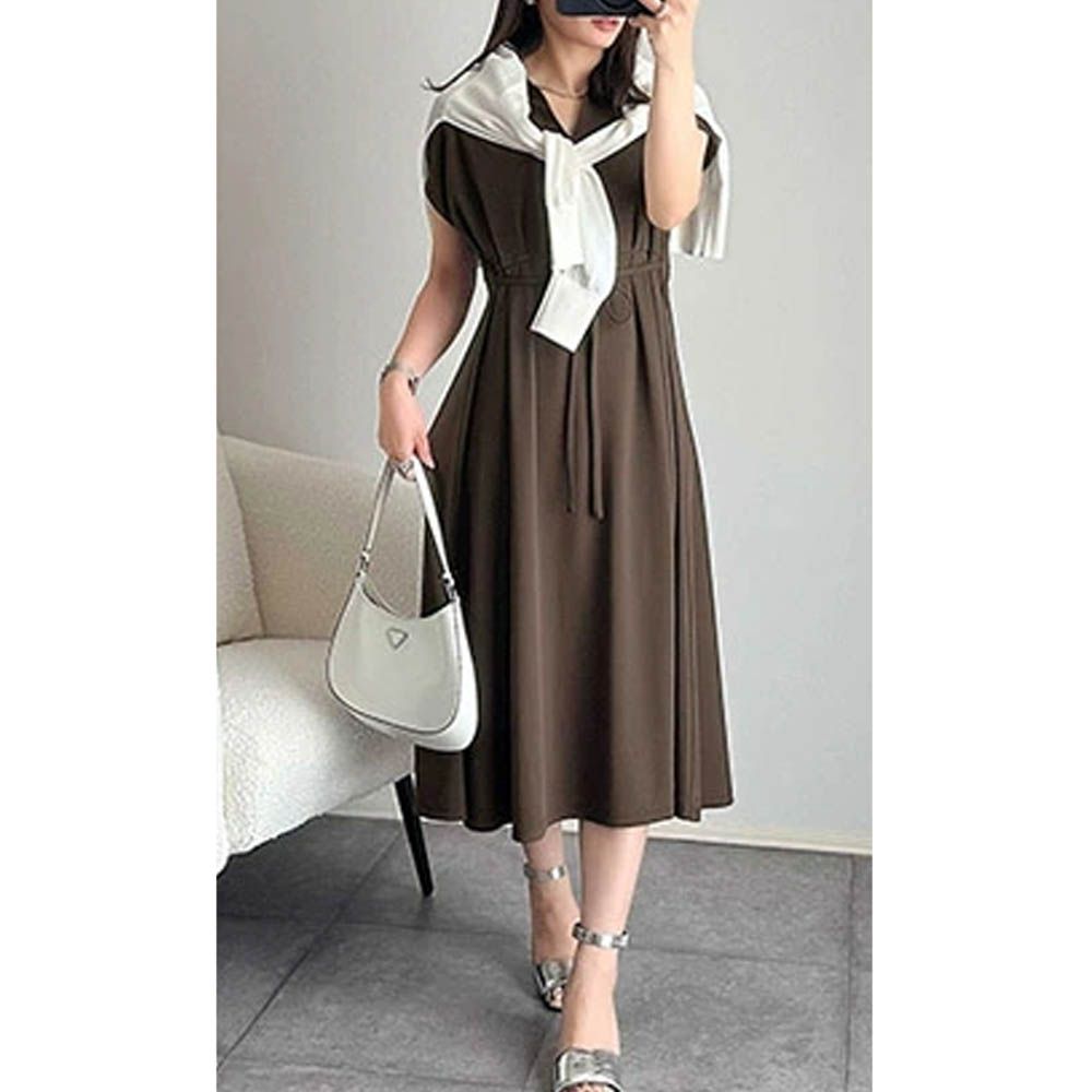 接觸冷感 優美V領腰綁帶短袖洋裝-短版-咖啡