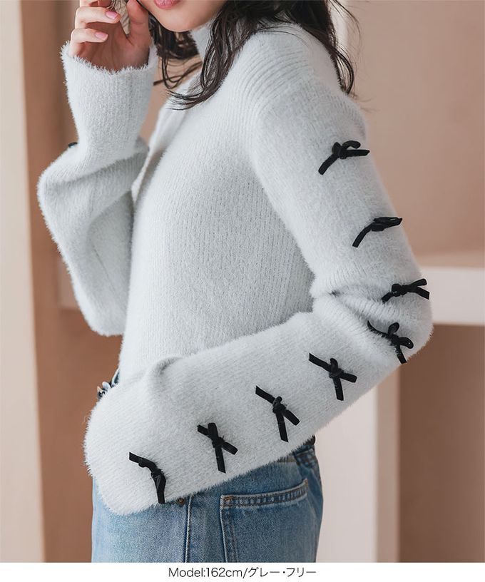 日本 Kobe Lettuce - 甜美緞帶袖毛海感小立領毛衣-白