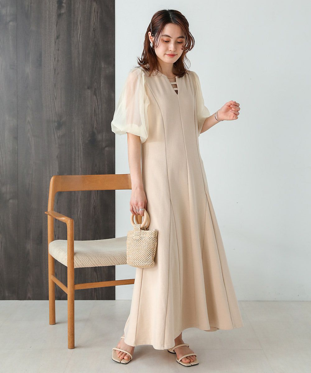 日本 Bab - 浪漫薄紗拼接泡泡袖洋裝-米杏