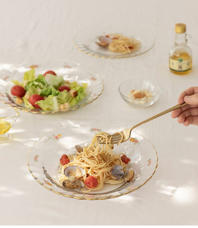 韓國 SSUEIM - 古典玫瑰系列金邊玻璃義大利麵深盤23cm