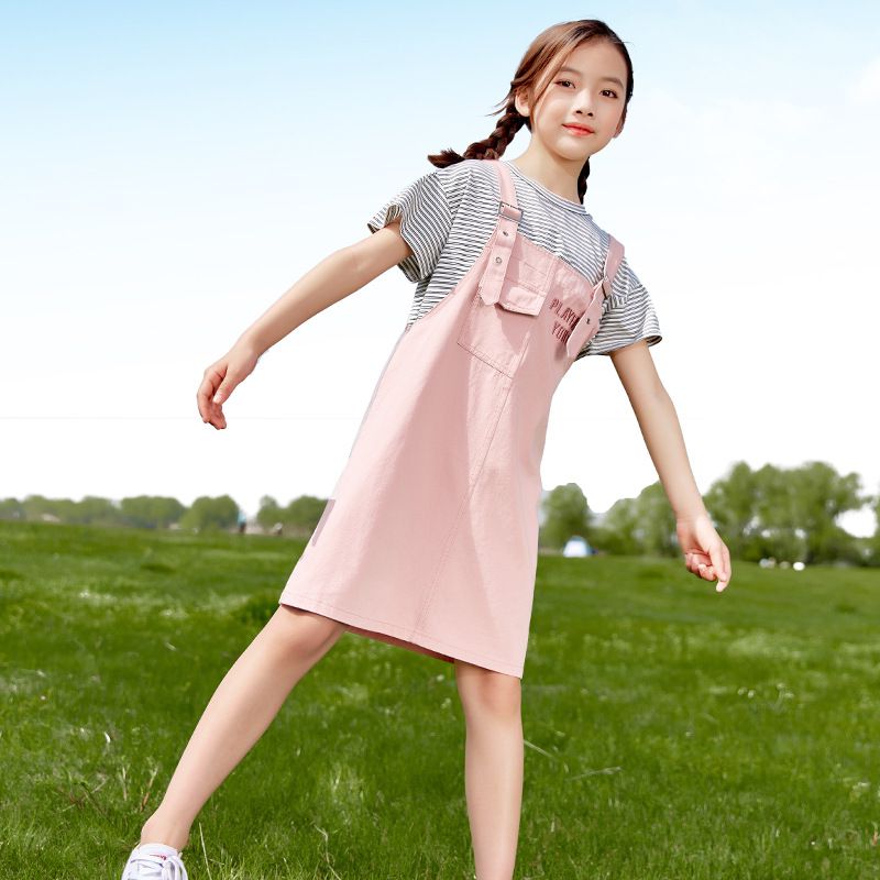 吊帶裙短袖套裝-條紋上衣+小口袋吊帶裙-黑+白+粉