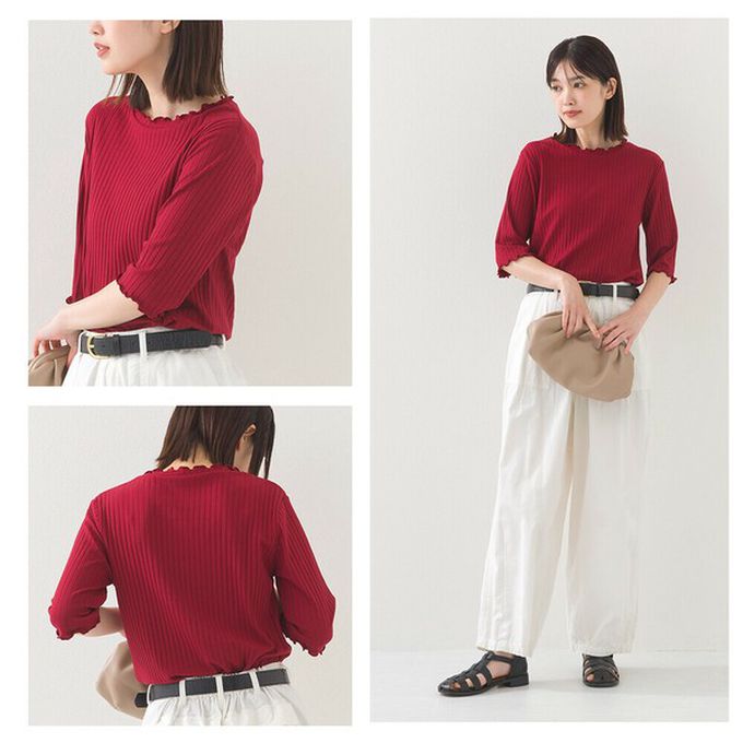 日本 OMNES - 輕盈木耳邊合身羅紋短袖上衣-土耳其藍