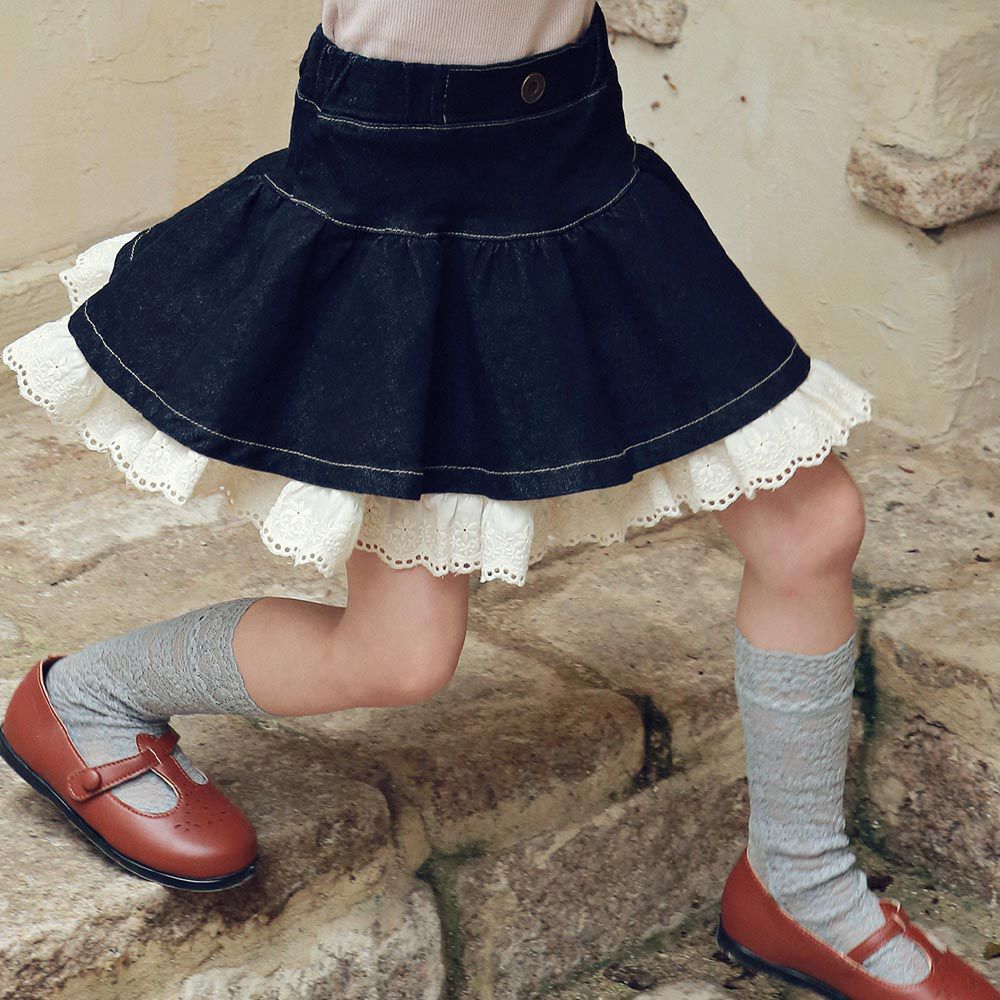 韓國 Puellaflo - 鬆緊腰蝶結裝飾層次丹寧短裙-黑藍