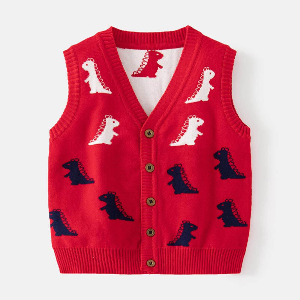 WELLKIDS - V領針織開衫背心-滿版小恐龍-紅色