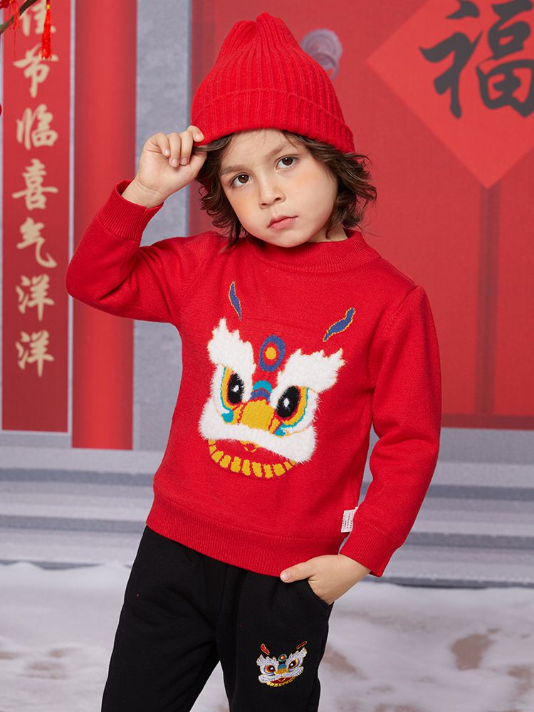(加絨)喜氣拜年圓領針織長袖毛衣-醒獅-紅色