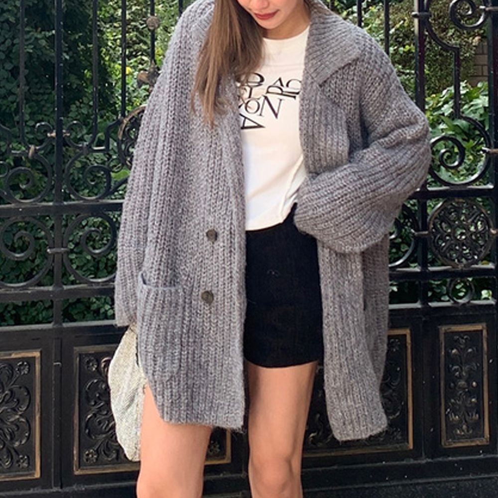 寬大風針織開襟衫長版外套-灰 (F)