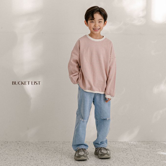 韓國 BUCKET LIST - 鬆緊腰刷破丹寧牛仔長褲-淺藍