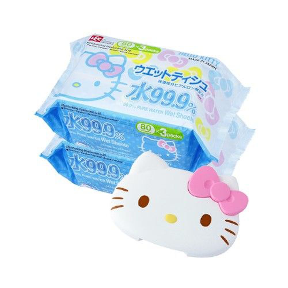 日本 LEC - 純水 99.9% 濕紙巾外出超值組-Hello Kitty 凱蒂貓-造型紙巾蓋x1+80抽x6包