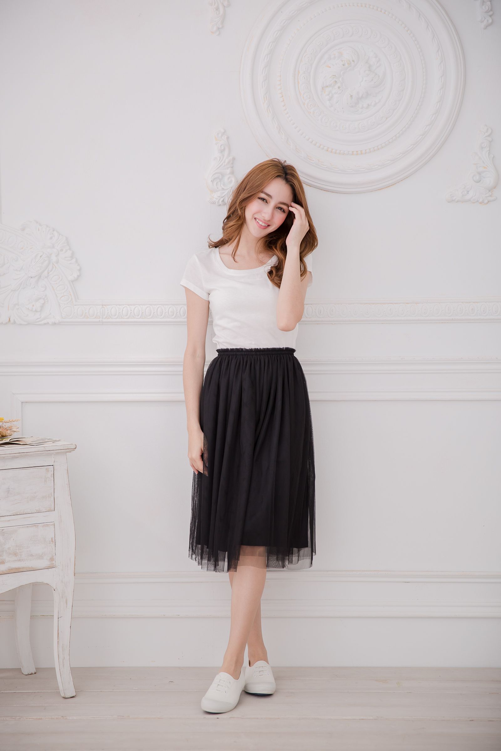 Peachy - 獨家訂製綿柔半身紗裙-半身中長版-華麗黑 (F)