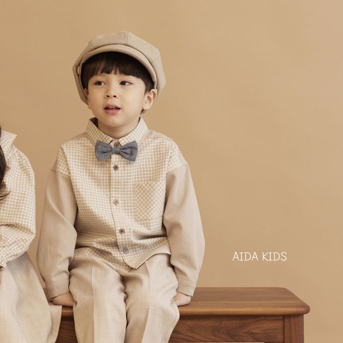 韓國 AIDA - (不含領結)拼接感格紋翻領長袖襯衫-可可咖