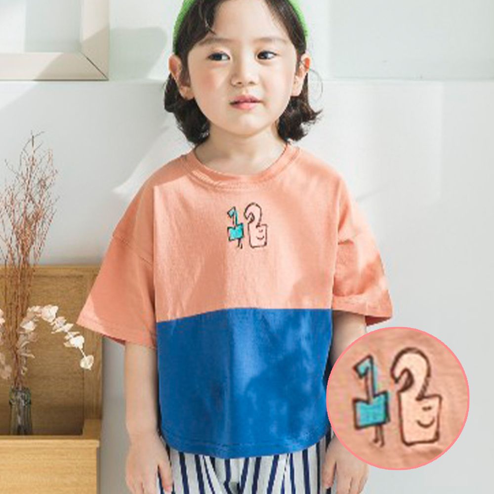 韓國 Mimico - 撞色刺繡天鵝落肩T-橘X藍