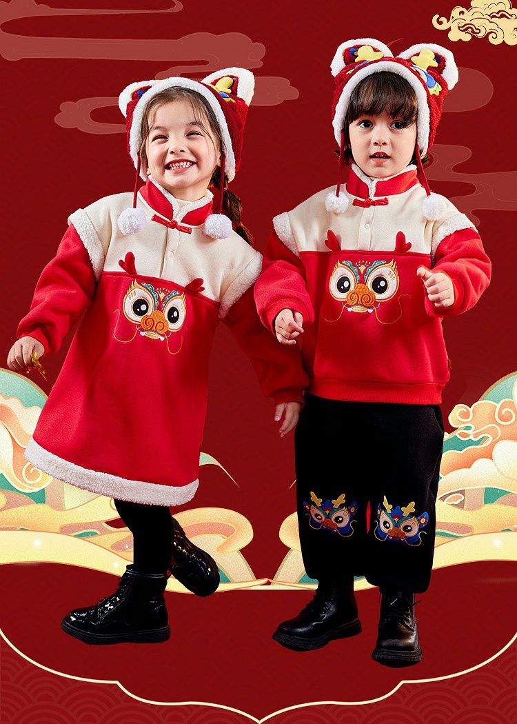 喜氣拜年加絨暖暖造型連身裙-立體龍角-紅色