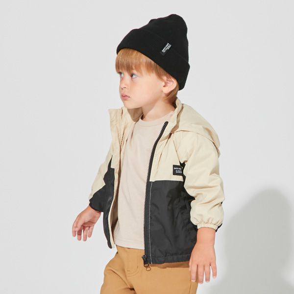 日本 petit main - 拼接雙色連帽輕量防風外套-淺黃x薄荷