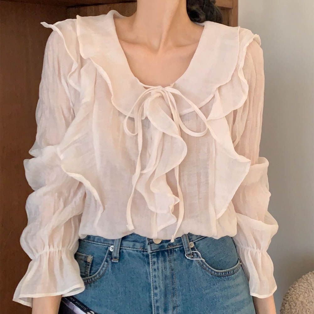 迷人波浪荷葉翻領雪紡襯衫-象牙白 (FREE)