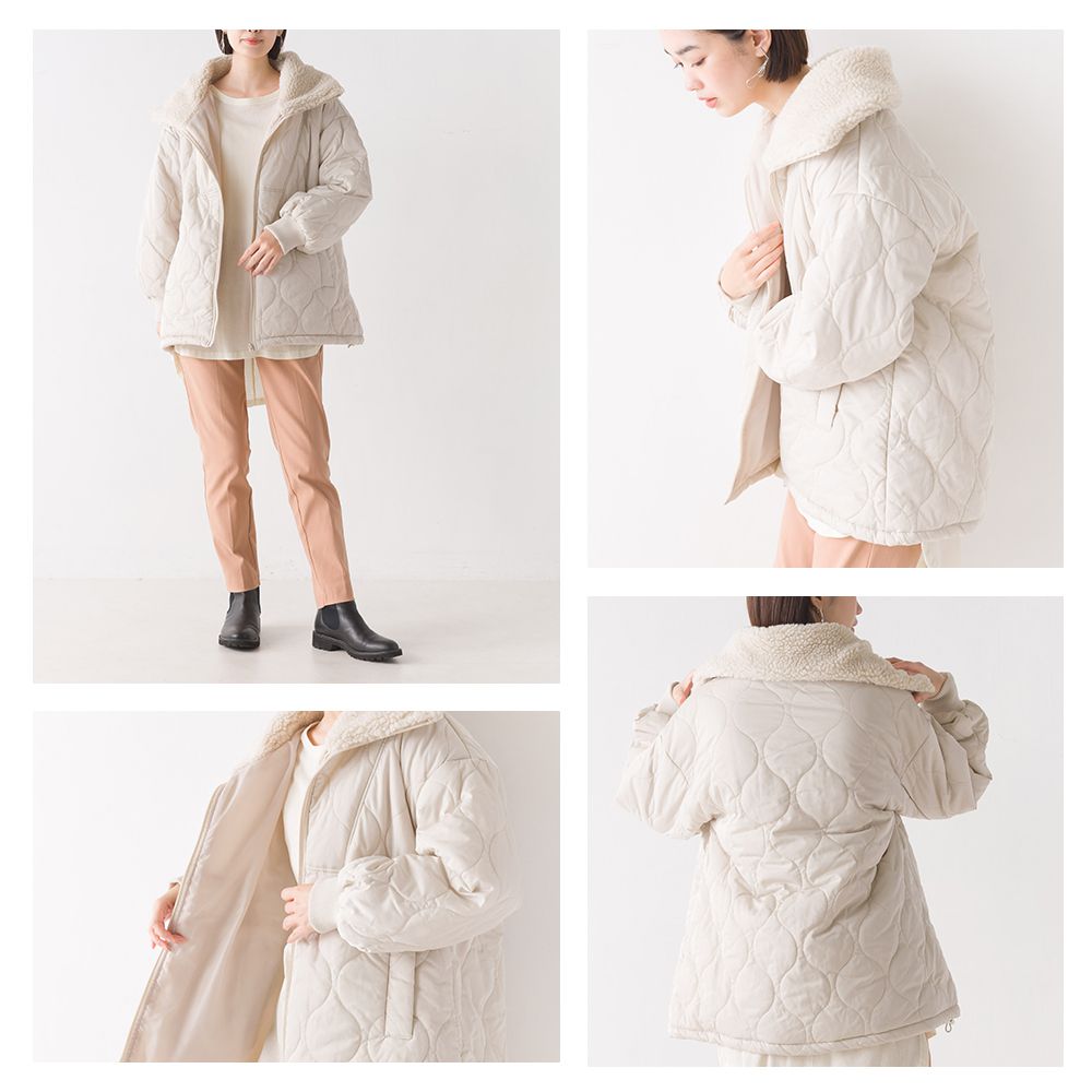 日本 OMNES - 短絨翻領泡泡紋鋪棉保暖外套-卡其