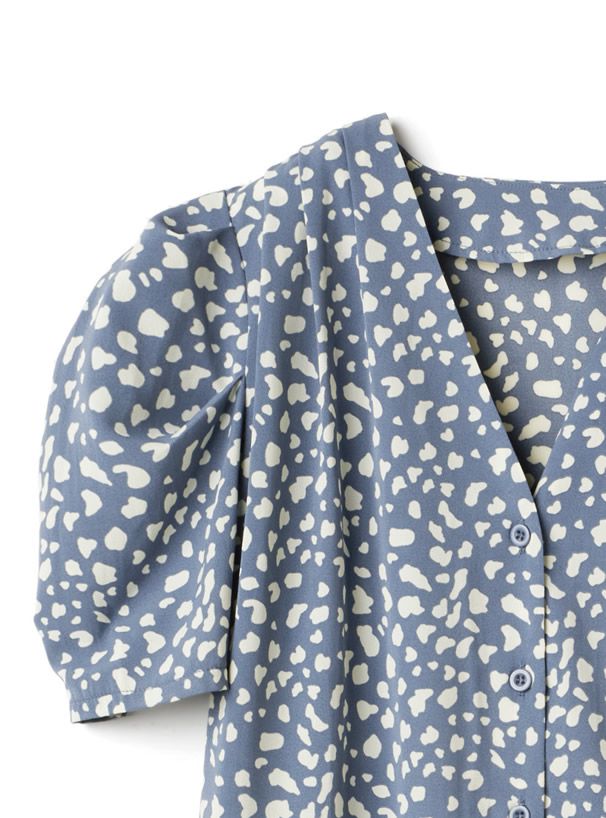 日本 GRL - 復古V領豹紋雪紡短袖上衣-白