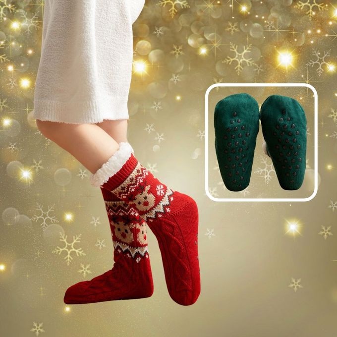 聖誕針織毛線紅色麋鹿款羔羊絨室內保暖止滑襪