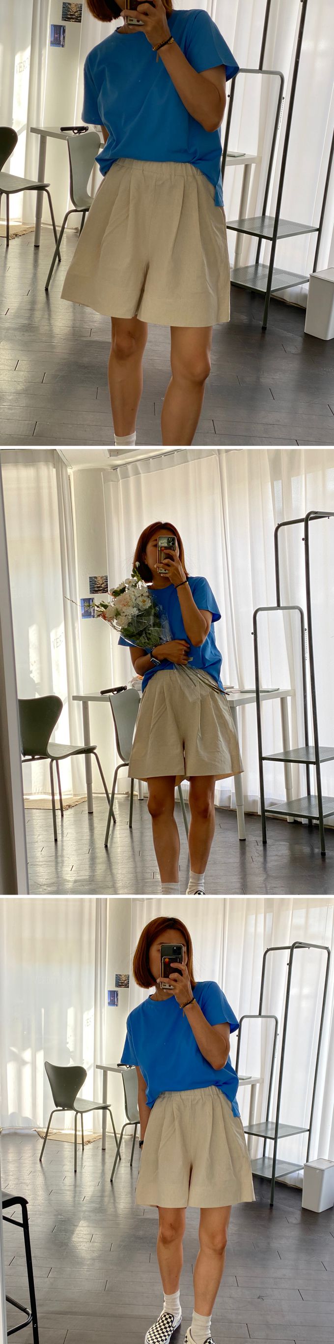 韓國女裝連線 - 鬆緊腰輕便棉麻短褲-橄欖綠 (FREE)