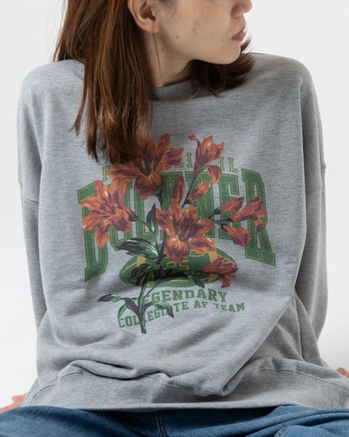 日本 gleam - 裏毛寬版學院風花卉大學T-炭灰