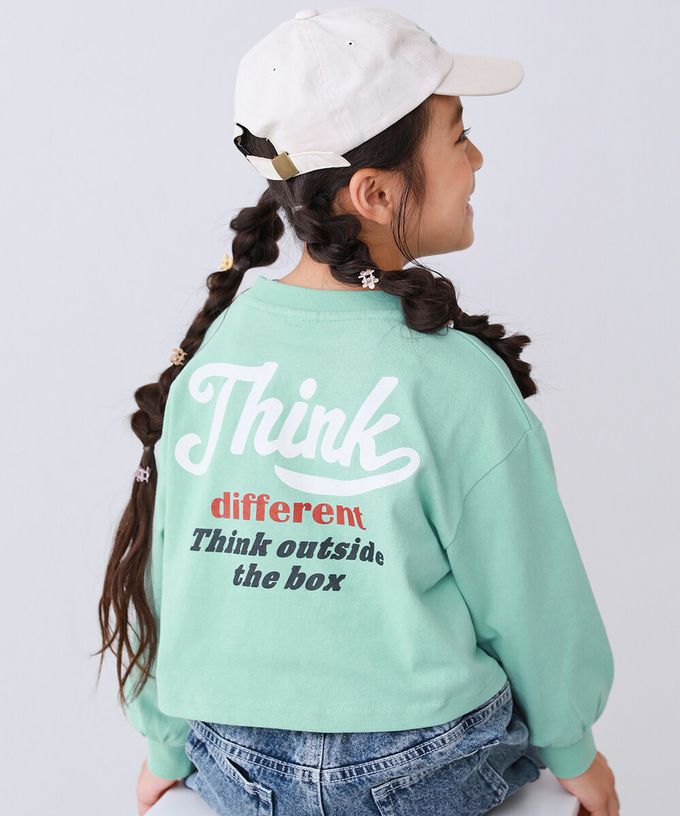 日本 devirock - 100%棉 女孩印花短版上衣-背後LOGO標語-薄荷綠