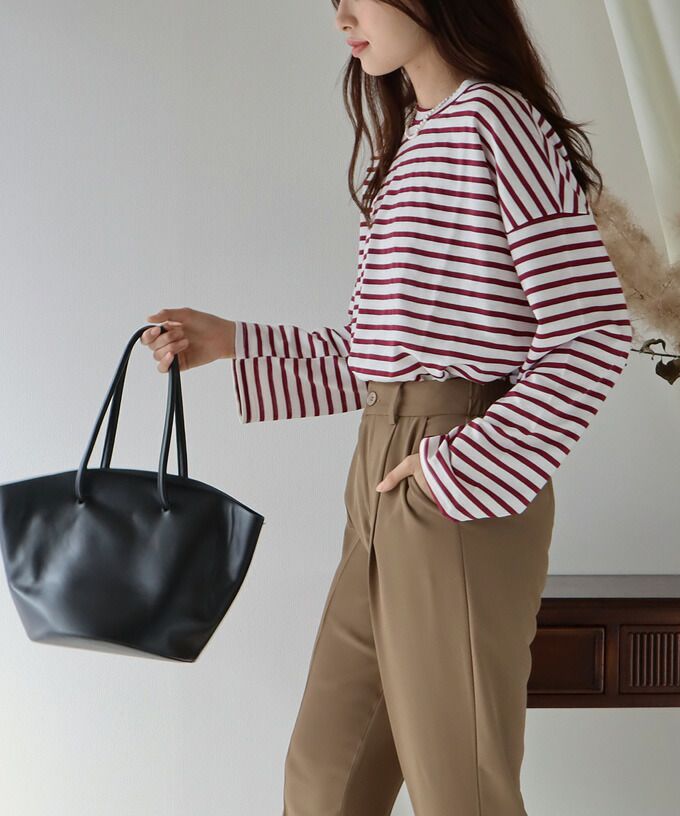 日本 BLUE EAST - 百搭落肩休閒長袖上衣-條紋-軍綠