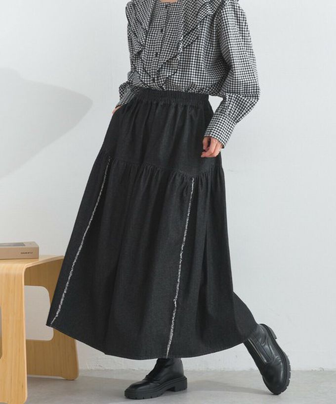 日本 Lupilien - 厚磅立體感線條澎澎長裙(附口袋)-黑色丹寧