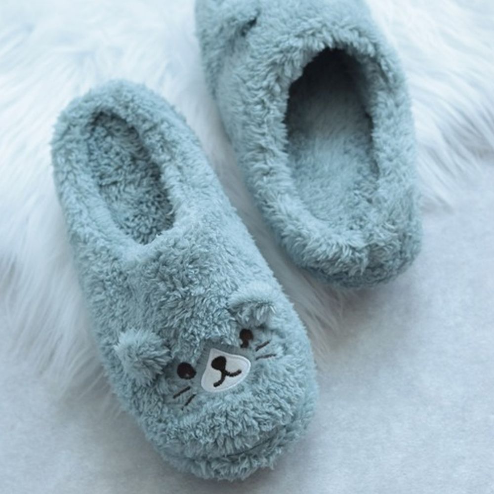 可愛造型毛絨室內拖鞋-貓咪-藍綠 (約23~24.5cm)