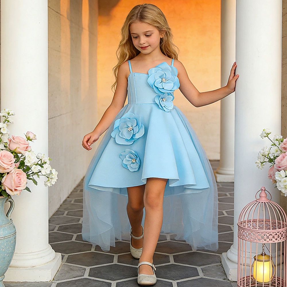 立體山茶花細肩帶前短後長禮服-藍色