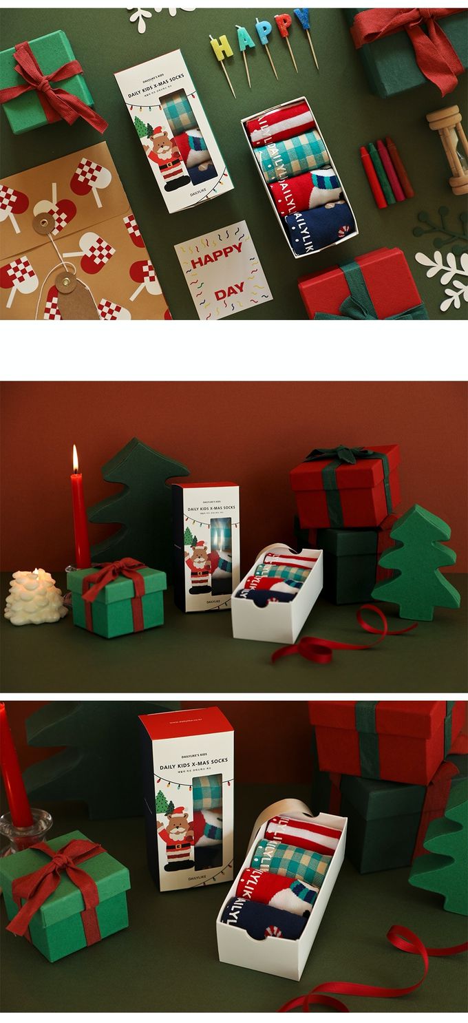 韓國 Daily Like - 兒童襪子/中筒襪4入組-聖誕款