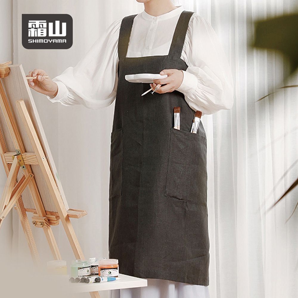 日本霜山 - 日式背掛交叉式圍裙附雙口袋(加長款/長89cm)-碳灰