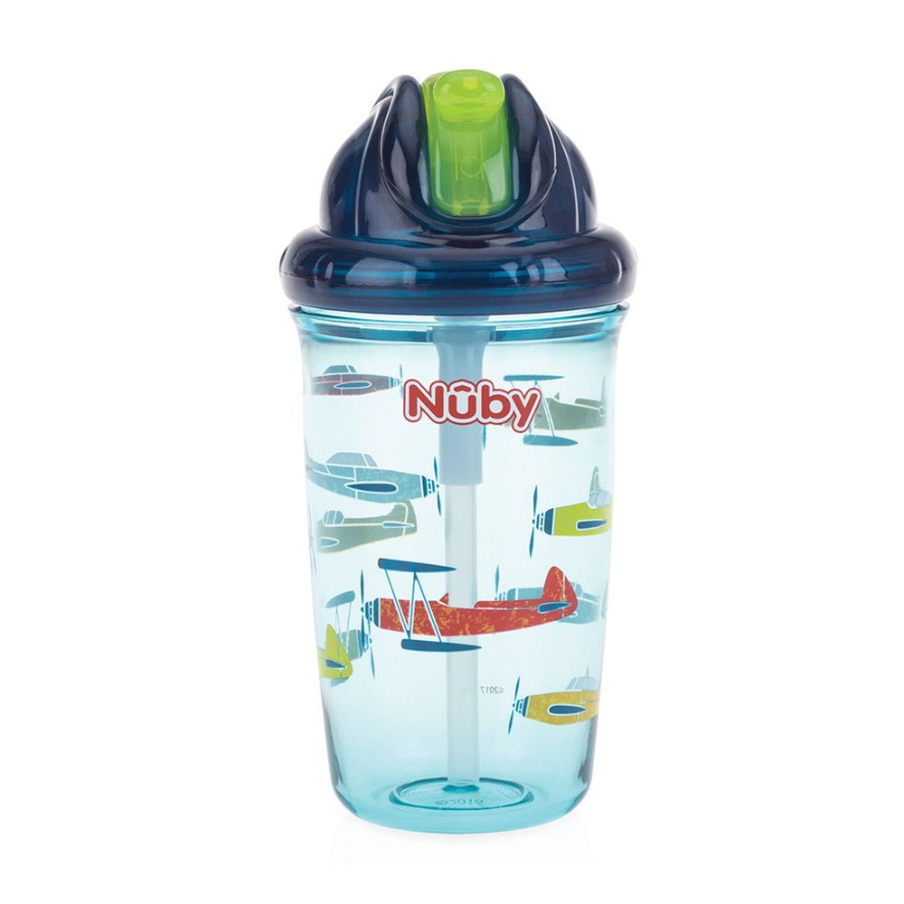 Nuby - 晶透杯系列 防漏學飲杯-飛機-藍-300ml (細吸管)