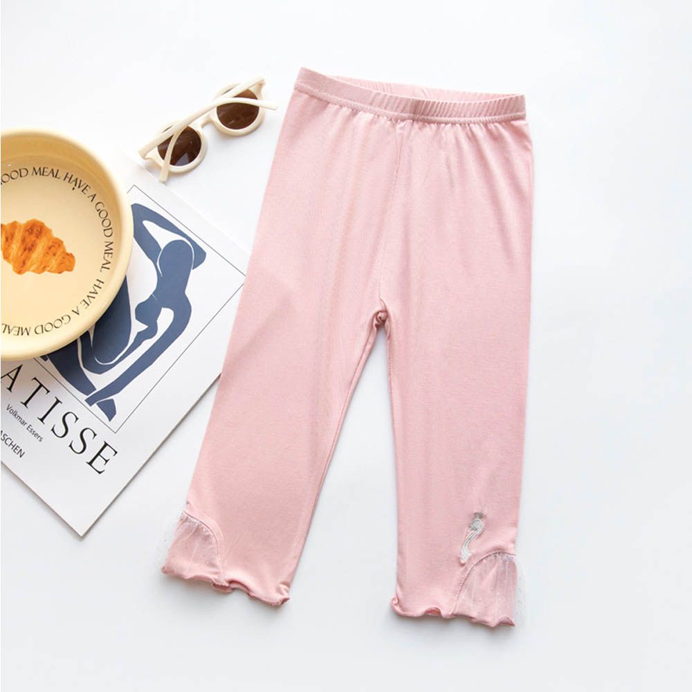 涼感七分內搭褲-蕾絲天鵝-粉色