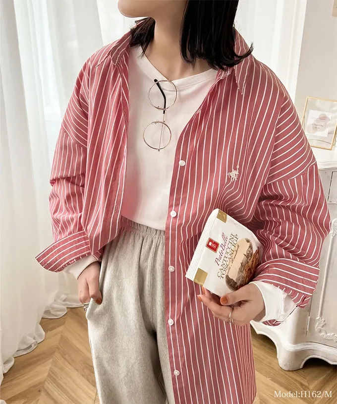 日本 Classical Elf - 胸前刺繡直條紋率性長袖襯衫-藍紫