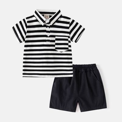 WELLKIDS - 休閒翻領短袖上衣+五分褲套裝-小口袋-黑白條紋