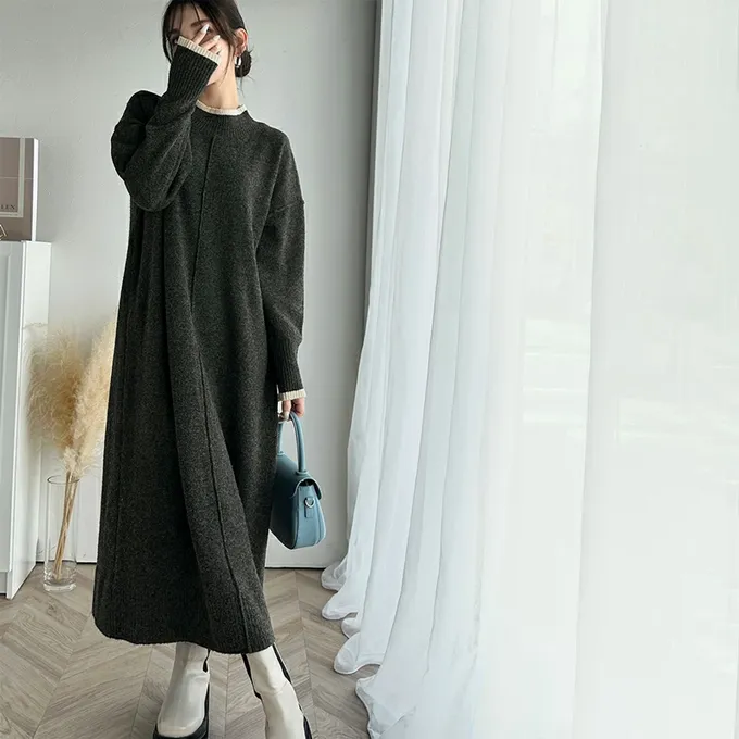 日本 Classical Elf - 溫暖滾邊小立領優雅針織長袖洋裝-黑