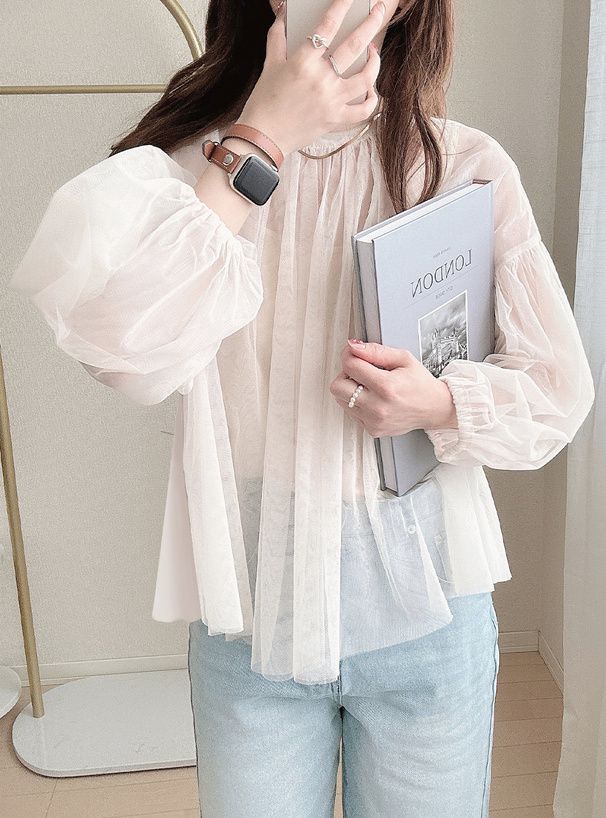 日本 GRL - 夢幻透膚落肩泡泡袖上衣(附內搭)-米杏 (F)