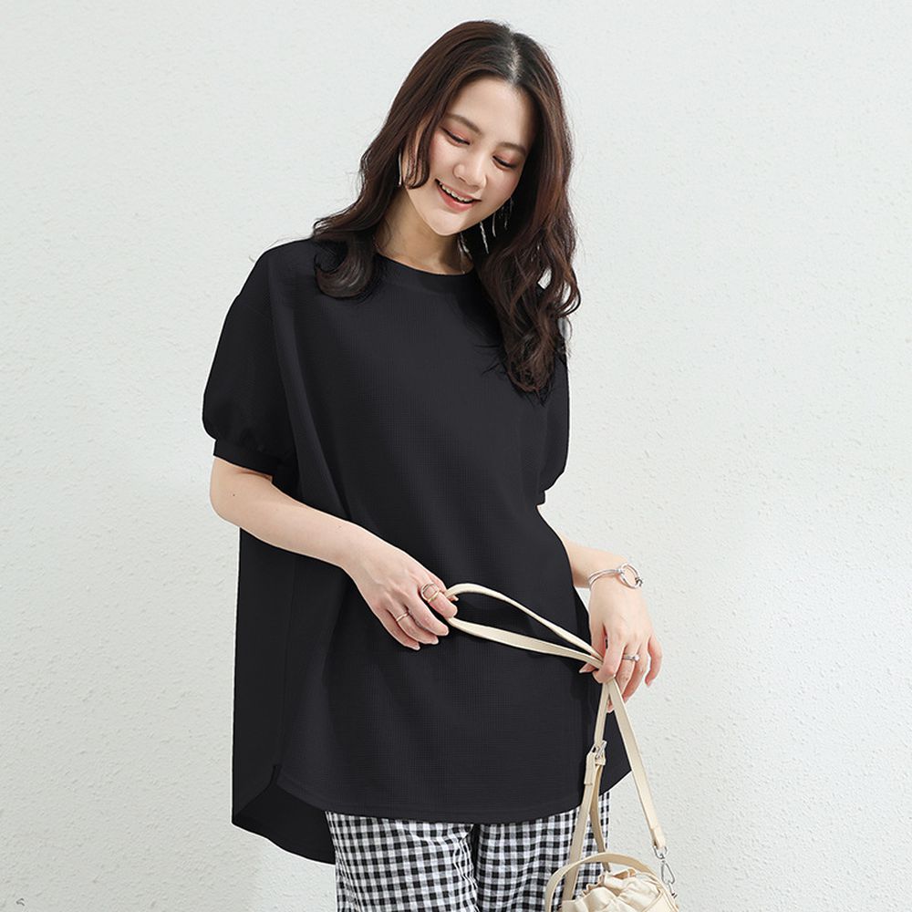 甜美華夫格燈籠袖長版上衣-黑色 (F)