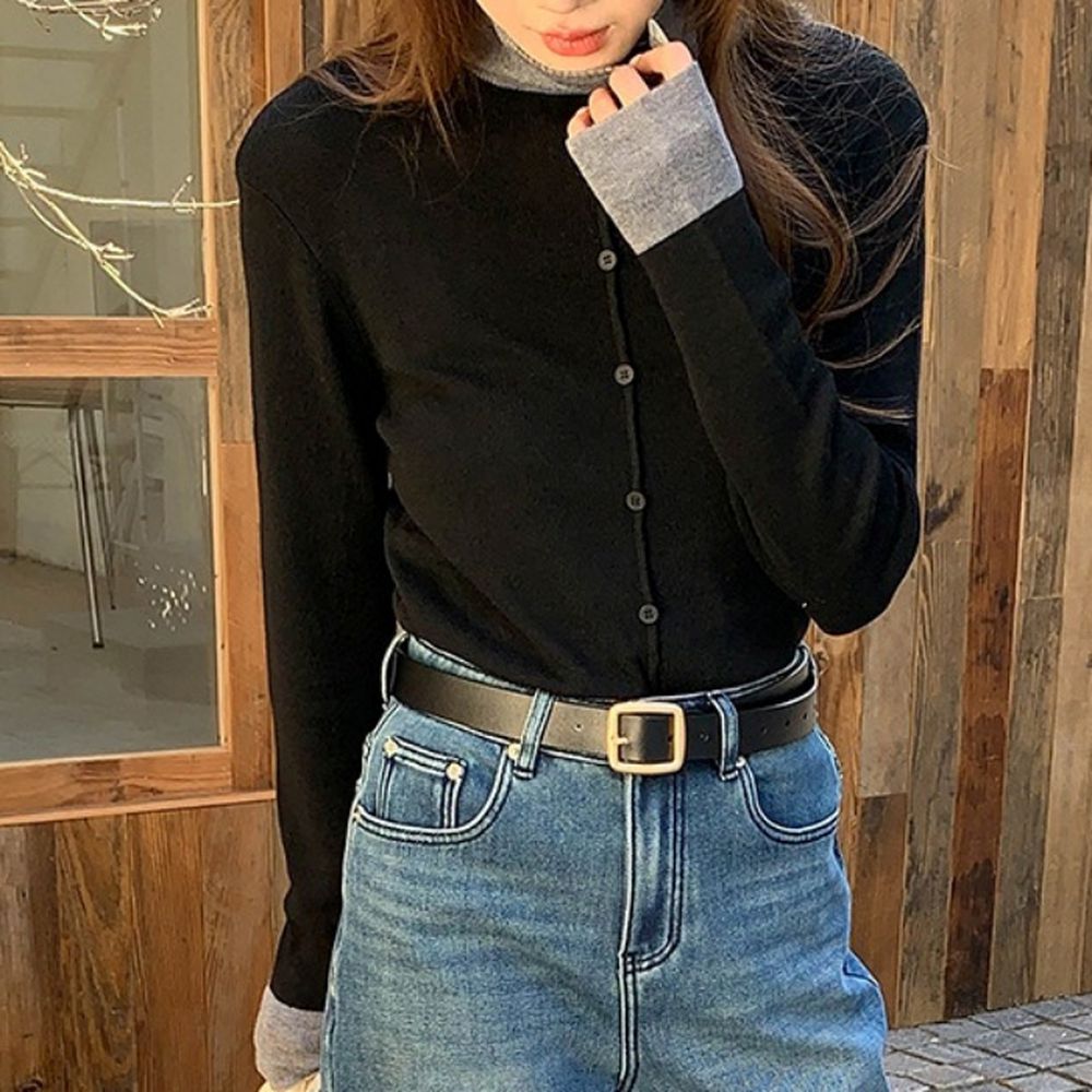 拼色高領顯瘦混羊毛長袖針織上衣-黑X灰 (F)