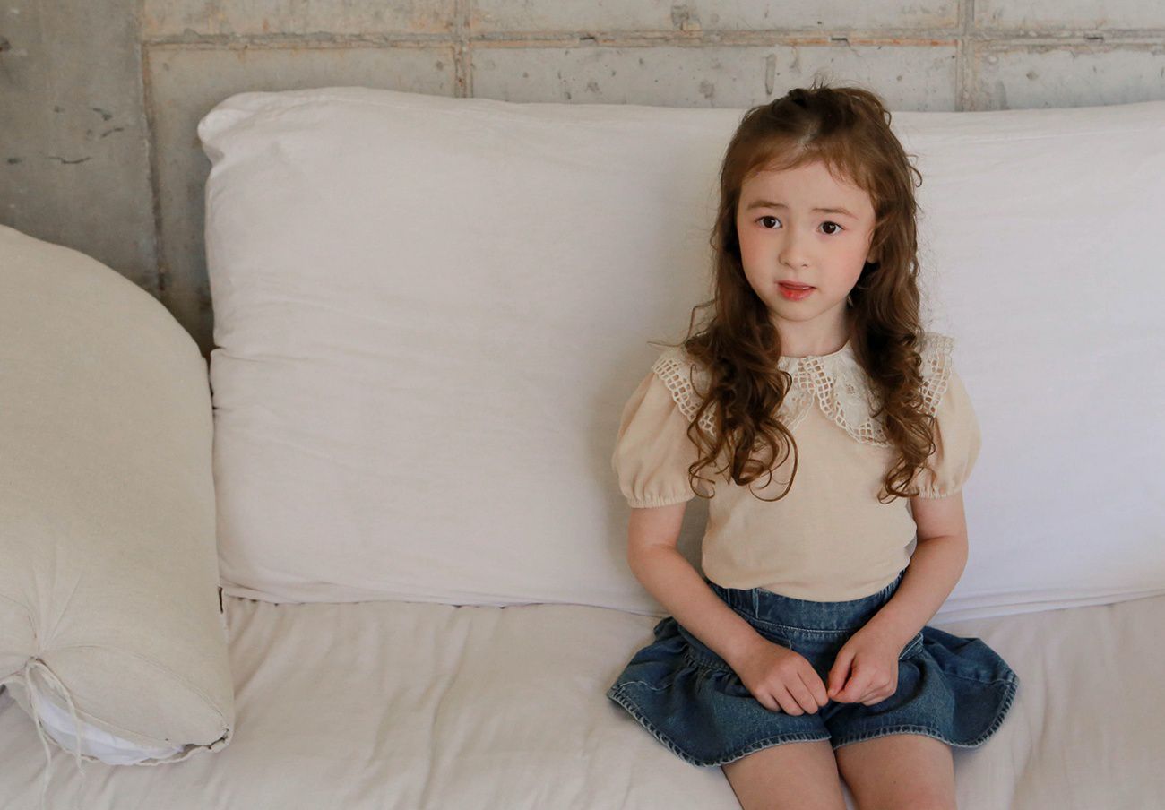 韓國 PuellaFLO - 鏤空格子大白領上衣-蜜桃粉