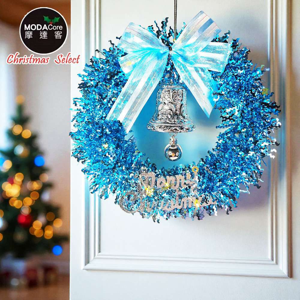 11吋夢幻土耳其藍系金蔥彎絲聖誕花圈_台灣工藝免組裝_本島免運費