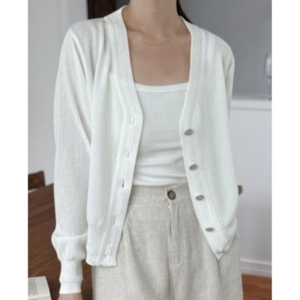 韓製 清爽棉麻鑽石釦V領針織外套-白 (FREE)