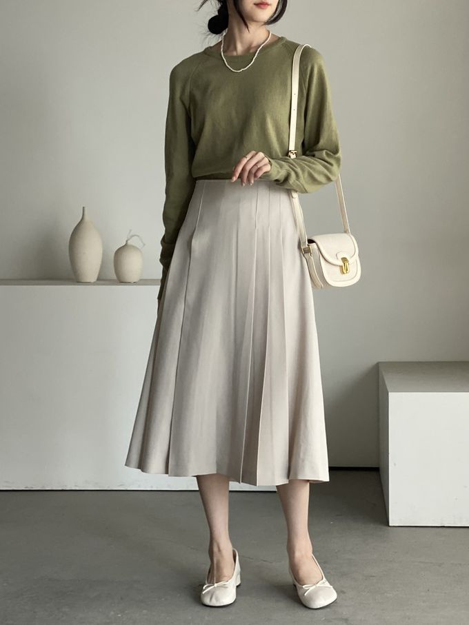 韓國女裝連線 - 淑女後鬆緊綁帶蝶結打褶中長裙-米 (FREE)