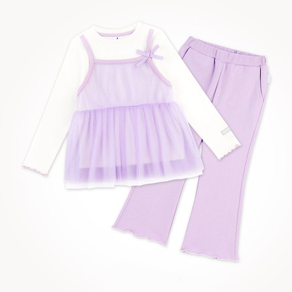甜心亮粉網紗長袖上衣X長褲套裝-薰衣草紫