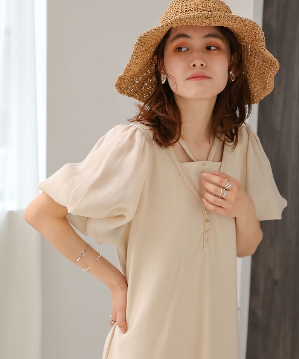 日本 Bab - 優雅綁帶V領泡泡袖洋裝-淺摩卡