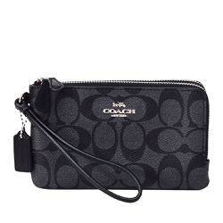 COACH - 滿版LOGO皮革L型雙層手拿包 (黑灰色)